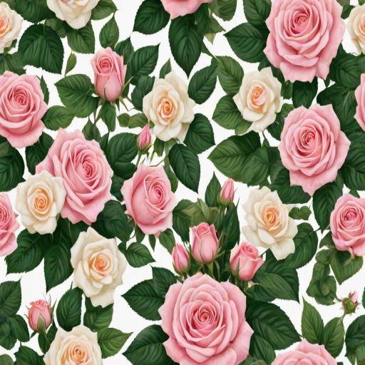 create a repeating floral pattern with pink roses and light-colored flowers, surrounded by green leaves on a white background