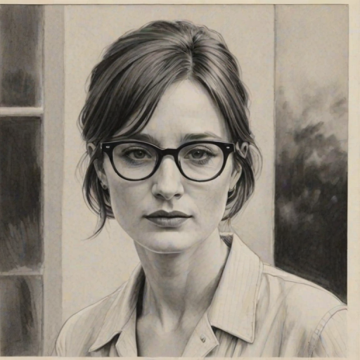 Sublime Emily Mortimer, pencil sketch, portrait of Fetching woman 1959s in glasses, hair style beatnik, outline, clear lines, fine lines, 8k