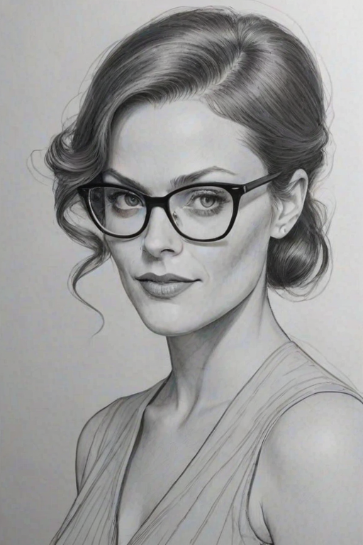 Elegant Cassidy Freeman, pencil sketch, portrait of Fetching woman 1956s in glasses, hair style beatnik, outline, clear lines, fine lines, 8k