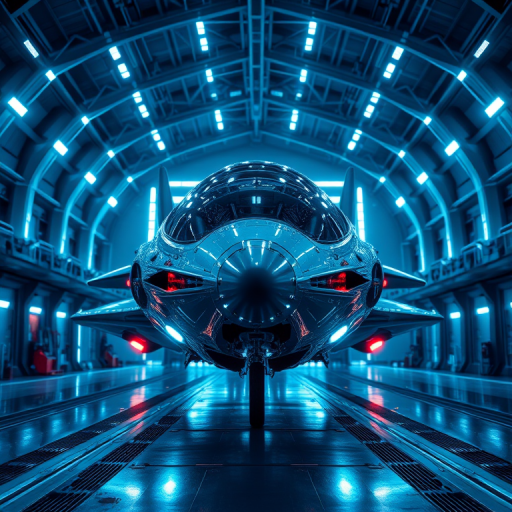 futuristic spacecraft in a high-tech hangar, illuminated by bright blue and white lights, wide-angle lens, aperture f/2.8, ISO 100, 24mm focal length, HDR photography, cinematic style