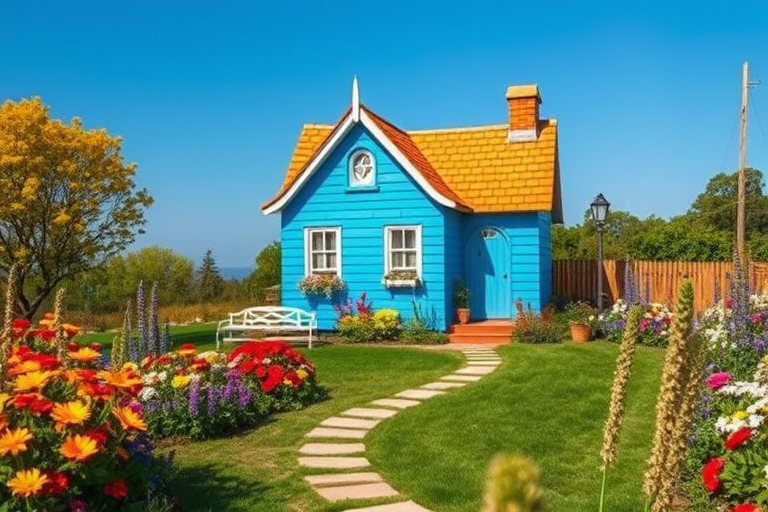 Regenerate a whimsical cottage in a vibrant landscape with a blue exterior and orange roof, surrounded by colorful flowers and a winding path, in bright daylight, using a DSLR camera with a 50mm lens, aperture f/8, ISO 200, and a wide-angle view to enhance the detail and depth.