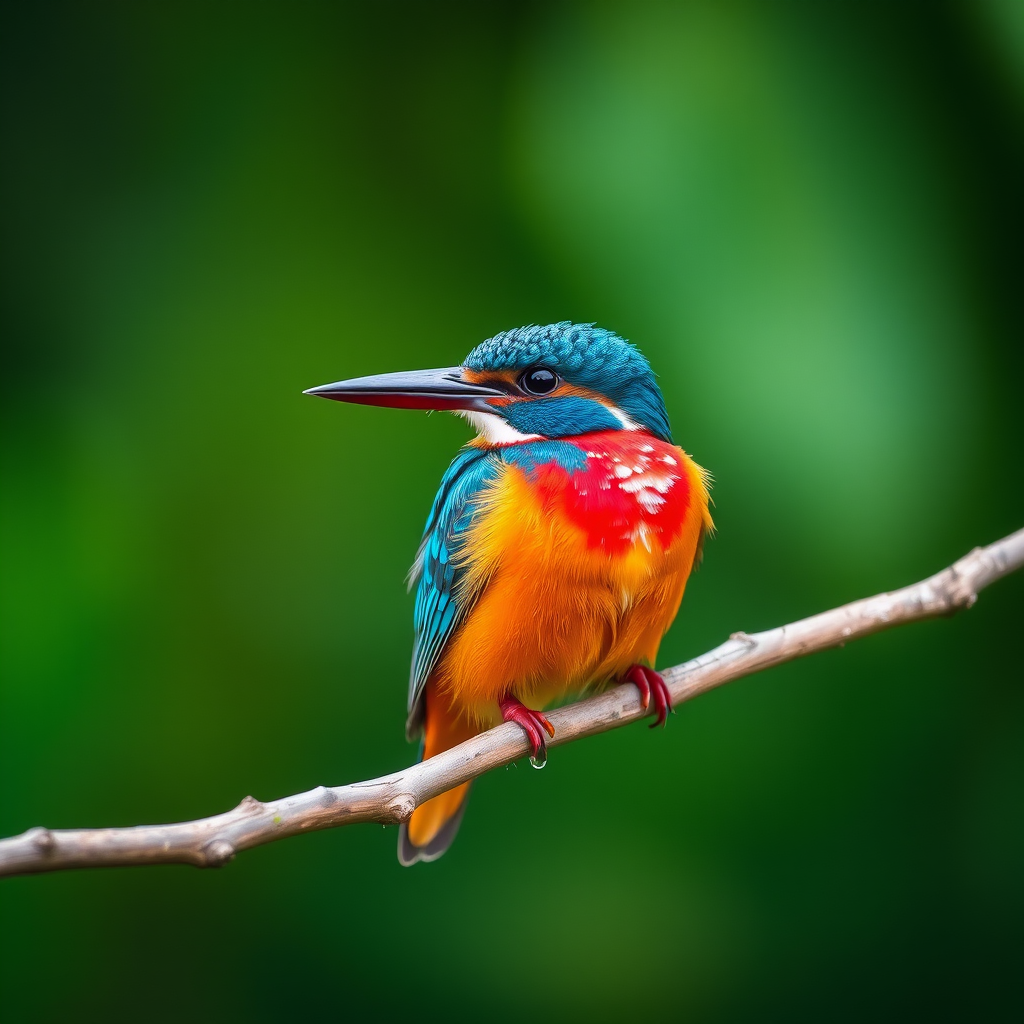 A vibrant kingfisher perched on a branch with a blurred green background, captured with a Canon EOS R5, 85mm lens, aperture f/2.8, ISO 200, shutter speed 1/250s, in soft focus style for enhanced detail and clarity.