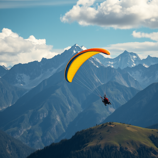 A paraglider soaring against a stunning mountain backdrop, captured with a Canon EOS 5D Mark IV, 24mm lens, aperture f/8, ISO 100, shutter speed 1/500 sec, in vibrant colors with sharp focus and a wide-angle view.
