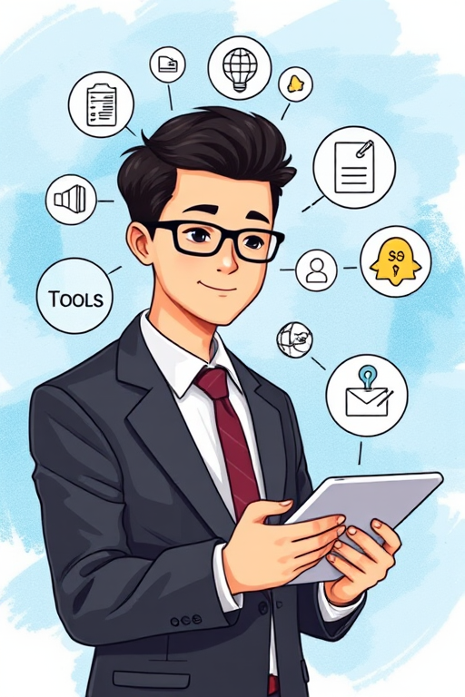 Create a professional illustration of a business person in a suit holding a tablet, surrounded by icons representing skills such as tools, creativity, learning, and cognitive skills, with a blue abstract background, captured with a DSLR camera at f/2.8, ISO 100, 1/200 sec, and a portrait style view.
