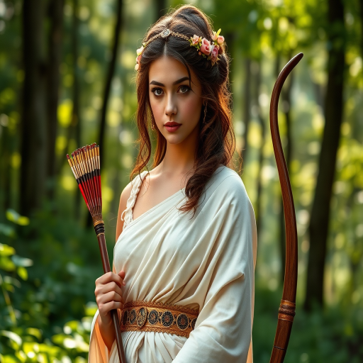 Create a portrait of a goddess-like Aymara girl figure in a tranquil, forested environment. She has an elegant appearance with long, wavy hair styled in an updo and adorned with a delicate, floral headband. She wears a flowing, ancient Greek-inspired gown in a soft, pale color, featuring a one-shoulder design and draped fabric that accentuates her graceful form. The outfit includes a decorative belt with ornate gold detailing, and she holds a bow in her hand, with a quiver of arrows slung over her shoulder. The background depicts lush greenery, with sunlight filtering through the trees, casting a gentle, ethereal light on the scene. Her expression is calm and contemplative, embodying a sense of wisdom and serenity.