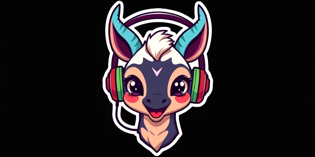 imagine sticker, Happy Colorful Oryx wearing Headphones, kawaii, contour, vector, black background