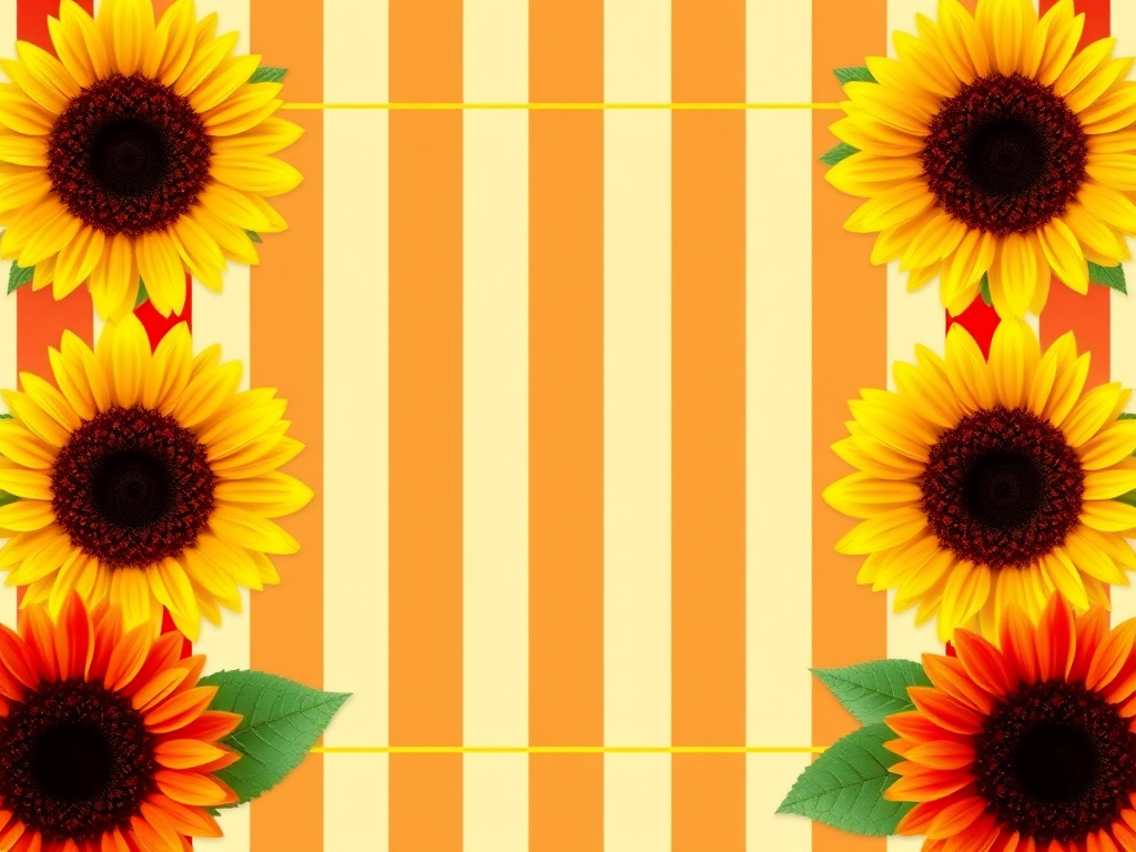 Create a vibrant design featuring a rectangular frame of sunflowers along the edges with a background of alternating red and yellow stripes, captured in a high-resolution digital format using a DSLR camera with a macro lens at f/4, 1/125 sec, ISO 200, in natural light for enhanced color depth.