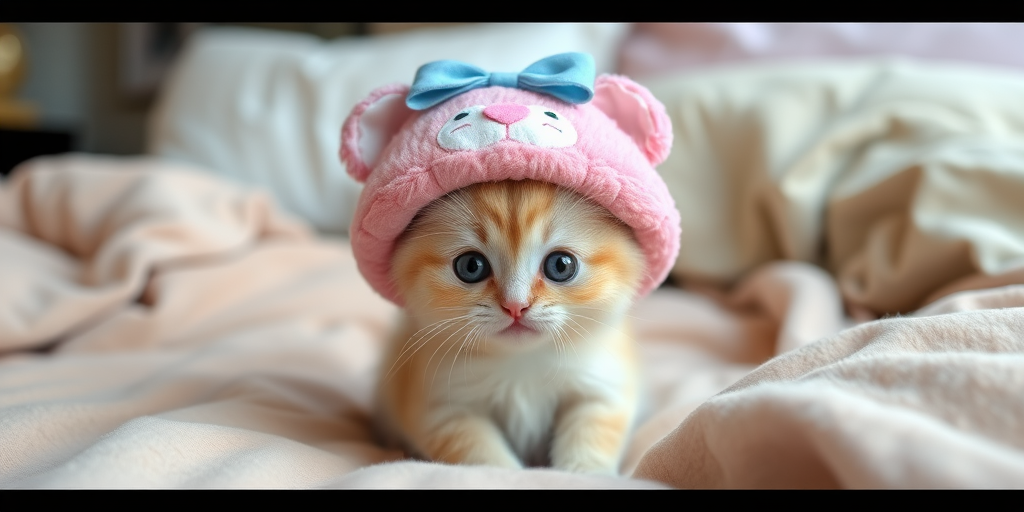 A cute fluffy kitten wearing a pink stuffed animal hat with a blue bow sitting on a bed surrounded by soft blankets and pillows. The kitten has large expressive eyes and a playful demeanor.