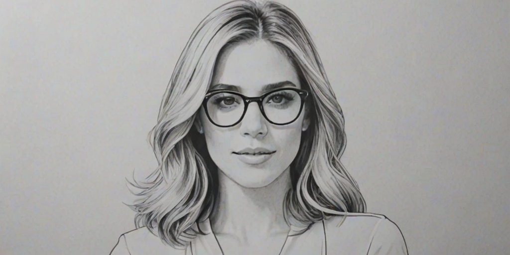 Wonderful Kristin Cavallari, pencil sketch, portrait of Radiant woman 1974s in glasses, hair style beatnik, outline, clear lines, fine lines, 8k