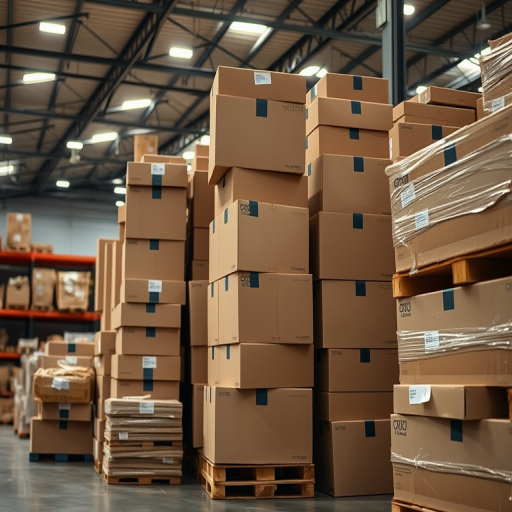 A well-lit warehouse scene featuring a neatly stacked pile of cardboard boxes, captured with a DSLR camera at f/8, ISO 100, 1/125 sec, using a wide-angle lens from a slightly elevated angle to showcase depth and detail.
