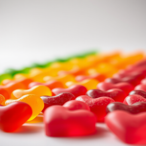 photograph of colorful gummy hearts arranged in rows, macro lens, f/2.8 aperture, 50mm lens, soft focus background, studio lighting, DSLR camera