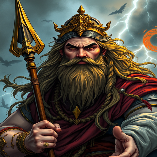 Create a detailed illustration of a powerful deity with long hair and a beard, holding a spear, set against a stormy background with lightning, using a DSLR camera, ISO 100, f/8 aperture, 50mm lens, in natural light, with a high dynamic range to enhance contrast and texture.