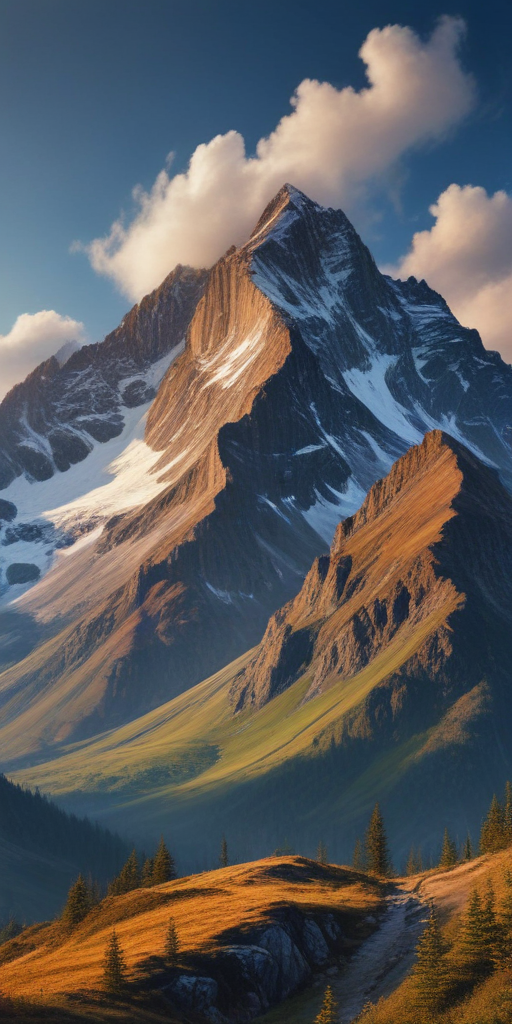 Majestic Mountain Peak Surrounded by Lush Green Valleys and Clouds.