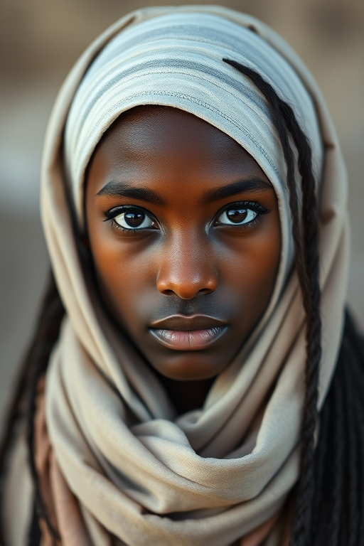 Create a portrait of a young Cape Verdean male with long, dark hair and captivating hazel eyes. She is wearing a white headscarf and a matching scarf draped gracefully around her neck. The background is softly blurred, focusing attention on her serene and natural expression. The overall color palette is muted and warm, enhancing the intimate and authentic feel of the portrait.