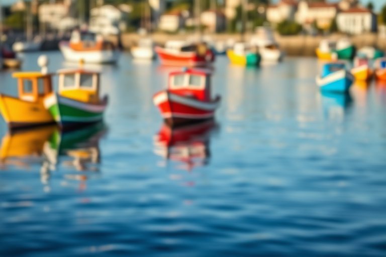 a serene harbor scene with several colorful boats gently bobbing on calm waters, captured with a Canon EOS R5, 50mm lens, aperture f/1.8, ISO 100, shallow depth of field to emphasize reflections on the water and a soft bokeh effect in the background