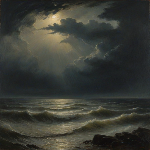 An atmospheric and powerful dark fantasy, natural organic and impressionist classical-style painting inspired by William Turner's Shade and Darkness - the Evening of the Deluge