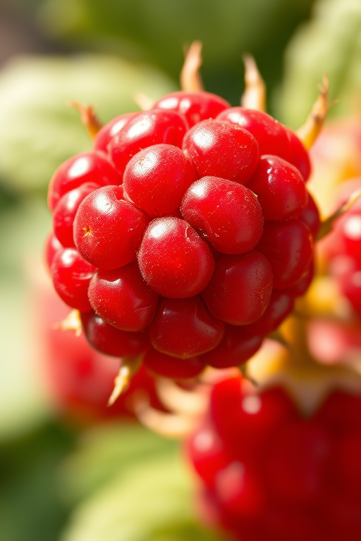 create a highly detailed and realistic illustration of a raspberry, with vibrant red color, soft shadows for depth, photographed from a close-up angle using a DSLR camera at f/2.8 aperture, ISO 100, and a 50mm lens, capturing the texture and shine of the fruit in natural light.