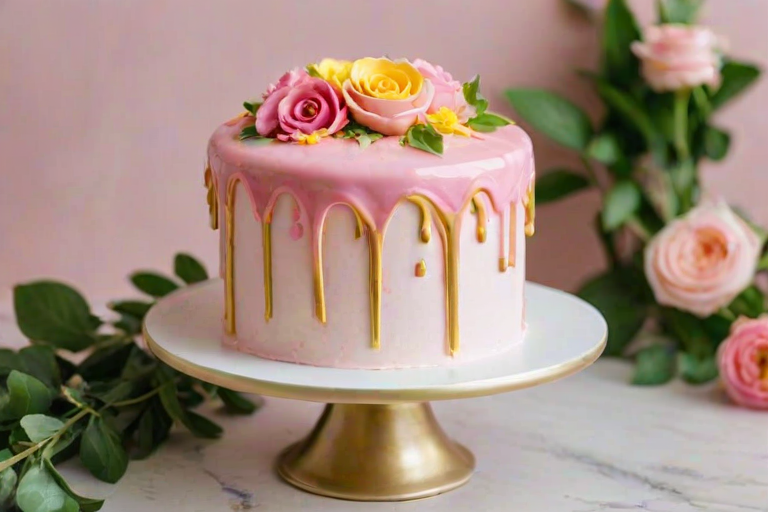 Create an image of a small round cake decorated with pink and yellow floral frosting. The cake should have a smooth white base with a pink drip effect on one side, and a heart-shaped decoration made of gold. The background should feature greenery to enhance the presentation.
