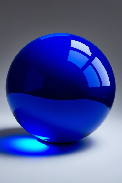 Create a highly detailed image of a shiny blue sphere with reflections, using a DSLR camera, focal length of 50mm, aperture f/2.8, ISO 100, in a softbox lighting setup, shot from a slightly elevated angle to highlight the curvature and shine.