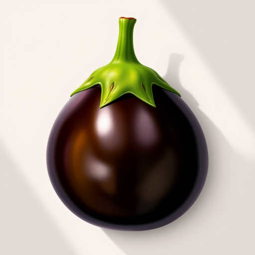 Create a high-resolution digital illustration of a glossy eggplant with a vibrant green cap, using a Canon EOS 5D Mark IV, 50mm f/1.8 lens, aperture f/2.8, ISO 100, natural lighting, and a slight overhead perspective to enhance shadows and depth.