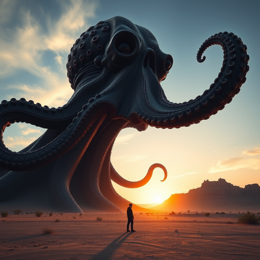 A colossal octopus-like creature towering over a lone figure in a desert landscape during sunset, highly detailed with rich colors and intricate textures, 24mm lens, f/2.8 aperture, ISO 100, shot from a low angle to emphasize the creature's size, using a Canon EOS R5 for high-resolution quality.