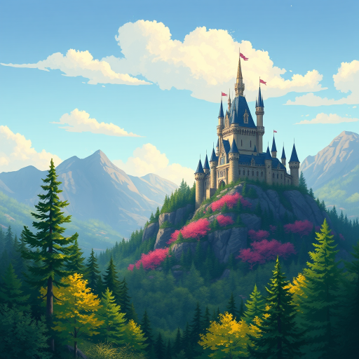 Create a vibrant illustration of a fantasy landscape featuring a majestic castle atop a hill, surrounded by lush forests and a clear sky, using a DSLR camera with a f/2.8 aperture, ISO 100, and a 35mm lens for a shallow depth of field, ensuring vivid colors and intricate details in the scene.