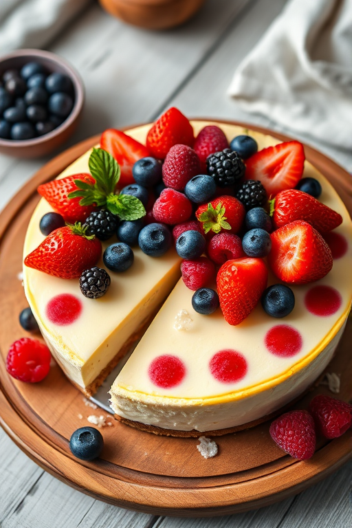 beautifully decorated cheesecake topped with fresh strawberries, blueberries, and raspberries on a wooden platter, soft natural lighting, macro lens, f/2.8, 1/125 sec, ISO 100, overhead shot, DSLR camera
