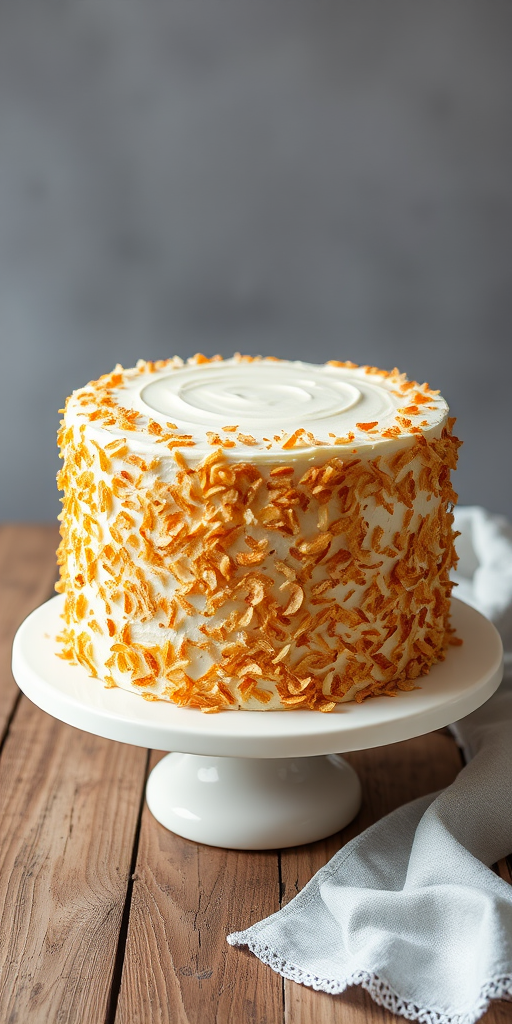 Create an image of a tall round cake with a smooth frosting on top and covered in toasted coconut flakes on the sides placed on a white cake stand with a rustic wooden table underneath and a light gray cloth draped nearby.