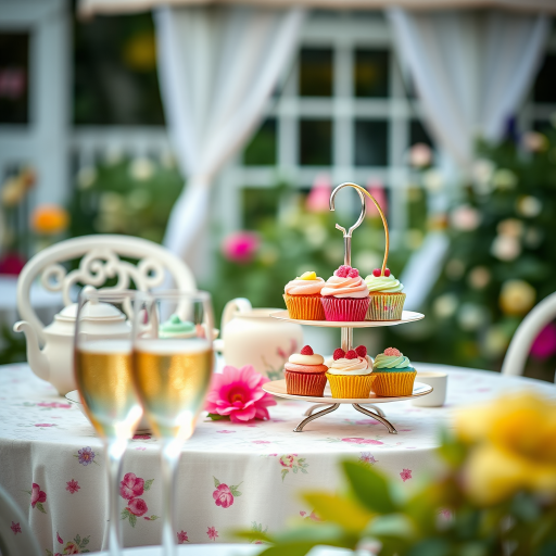 Generate a vibrant outdoor tea party scene with a focus on an elegant table set with delicate china, colorful cupcakes on a tiered stand, and sparkling wine glasses in the foreground, using a shallow depth of field, 50mm lens, f/1.8 aperture, ISO 200, shot in natural light for enhanced brightness and detail.