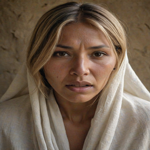 Create a close-up photographic image of a Native American woman with light skin tones shown against an old, worn wall. Their head is wrapped in a white cloth covering (i.e.... parts of the head except the nose and mouth, which are open as if they are screaming...), with a slight texture and visible folds in the fabric. Thin strands of blonde hair escape from the wrapping above, falling lightly at the top and sides. Their hands hold the fabric as if they are tugging nervously. The lighting is dramatic and even, casting strong shadows. The image has a minimalist and surreal style with an emphasis on simplicity with soft color tones. The composition is centered.