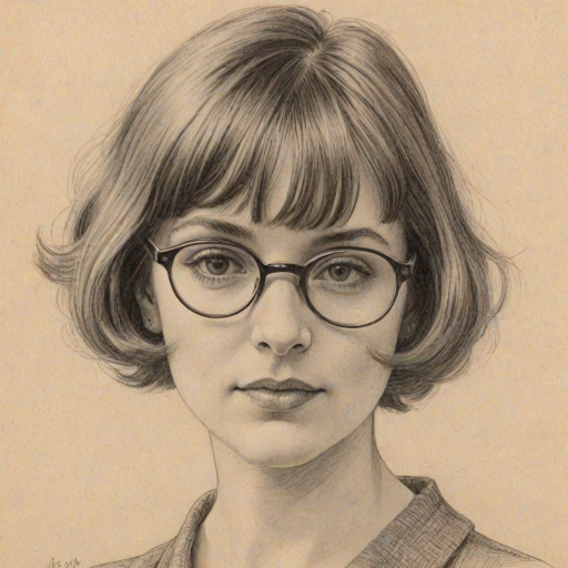 Wonderful Cathy Horyn, pencil sketch, portrait of Charming woman 1925s in glasses, hair style beatnik, outline, clear lines, fine lines, 8k