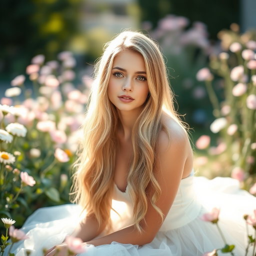Create a portrait of a young woman with long, flowing blonde hair, wearing a delicate white gown, sitting gracefully in a sunlit garden filled with soft pastel flowers, captured in a soft-focus style with a DSLR camera, 85mm lens, f/1.8 aperture, ISO 100, with a warm color palette and high dynamic range to accentuate the dreamy atmosphere.