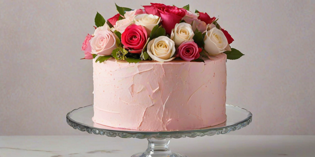 Create an elegant cake adorned with a smooth pink frosting and surrounded by a variety of fresh roses and blooms in shades of white, pink, and red. The cake should be displayed on a decorative glass stand, set against a soft, neutral background. Ensure the floral arrangement is lush and vibrant, enhancing the overall aesthetic of the cake.