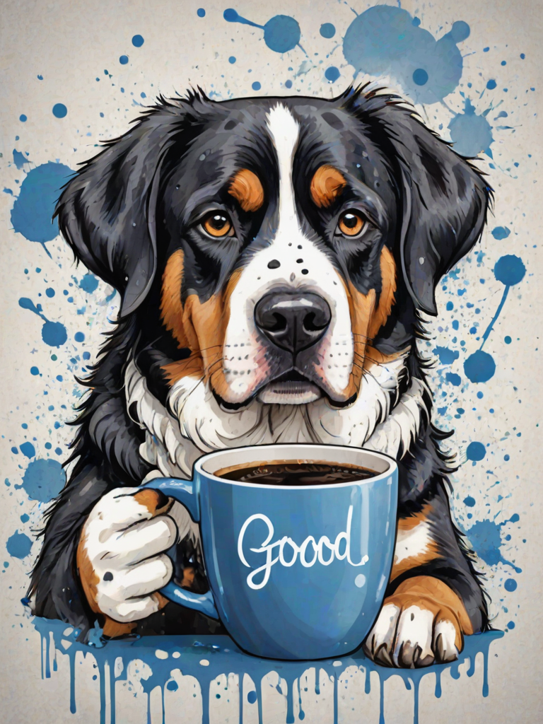A quirky, artistic illustration of a disheveled greater swiss mountain dog with exaggerated, large eyes and spiky fur, holding a coffee mug that reads "Good Morning". The dog has a tired but humorous expression, with ink splatters and abstract details surrounding it, giving a whimsical feel to the image. The color palette is mostly monochrome with hints of blue in the eyes and steam rising from the mug, enhancing the overall sleepy vibe