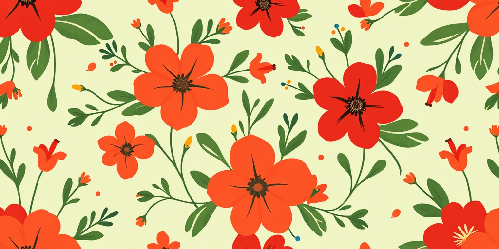 Create a seamless floral pattern featuring stylized red and orange flowers, green foliage, and small yellow and blue accents on a light green background, captured with a DSLR camera at f/4, ISO 100, 50mm lens, natural lighting for vivid colors and sharp detail.
