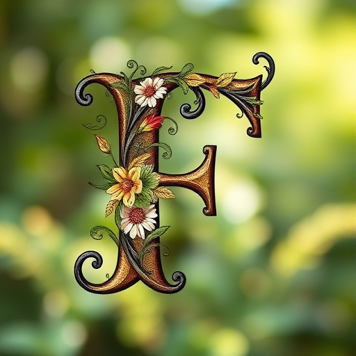 Create an ornate letter "F" design featuring floral patterns in a vintage style, shot with a DSLR camera at f/2.8 aperture, ISO 100, 50mm lens, in natural light with a soft focus background for enhanced detail and color contrast.