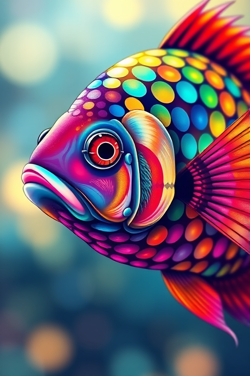 Create a vibrant, colorful digital illustration of a fish with scales that resemble multicolored circles, use a high-resolution setting of 300 DPI, focus with a shallow depth of field, and employ a graphic tablet for precision and detail.