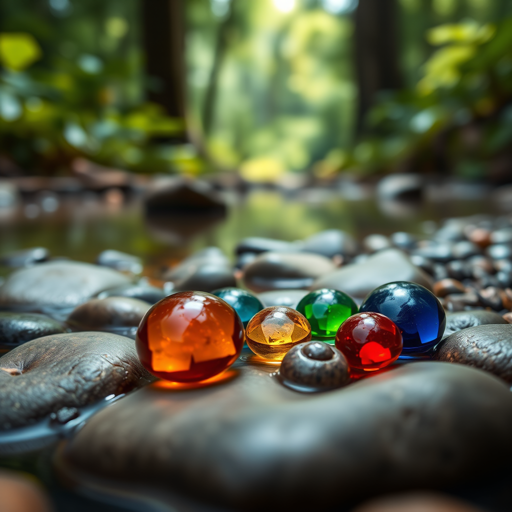 high-resolution image of colorful glass gems resting on smooth pebbles in a tranquil forest stream, shallow depth of field, soft natural lighting, taken with a DSLR camera, 50mm lens, f/2.8 aperture, ISO 100, 1/125 sec shutter speed, low angle perspective, focus on gems with a blurred background of lush greenery and water reflections