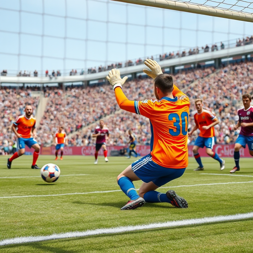 Capture a dynamic soccer game scene with a goalkeeper making a spectacular save, include players in vibrant orange and blue uniforms, focus on the action with a shallow depth of field, set camera to 1/500 sec shutter speed, f/4 aperture, ISO 400, use a 50mm lens, and shoot in natural light for enhanced clarity and color contrast.