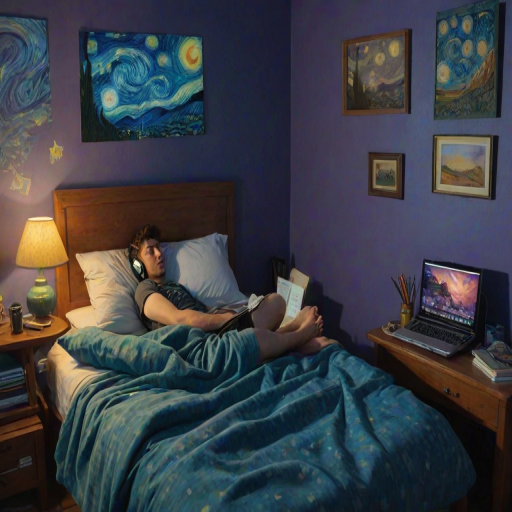 A top-down Van Gogh-style painting of a young man lying on his bed, listening to music with headphones. The room is softly lit with deep blues and purples, creating a peaceful nighttime atmosphere. The bed has a soft pillow, and the man's arms are resting behind his head. Around the bed, various glowing gadgets such as a smartphone, a laptop, and a small lamp are visible, casting a gentle light. The rest of the bedroom includes a desk with books, a chair, and a small rug on the floor. A window near the bed reveals a starry night sky with swirling stars, reminiscent of Van Gogh's 'Starry Night.' On the desk, there is a sketchbook with colorful drawings, a cup of coffee steaming gently, and a small potted plant. The walls have posters of famous paintings and a corkboard with pinned notes and photos. The scene is full of dynamic, swirling brushstrokes, capturing the essence of Van Gogh's unique style. The overall mood is serene and contemplative, with a touch of artistic inspiration.