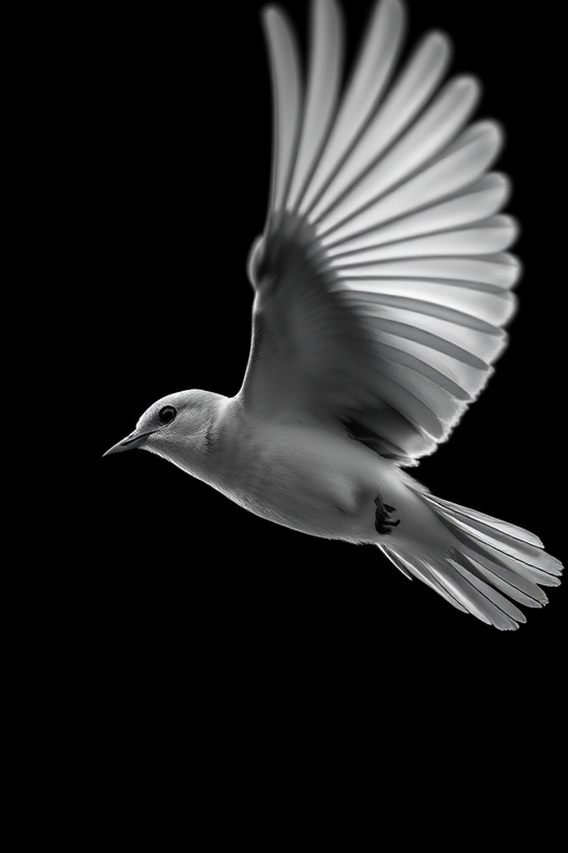 Create an artistic black and white image of a bird in flight against a dark background, using a DSLR camera at ISO 100, f/4 aperture, 1/2000 sec shutter speed, with a macro lens for enhanced detail and a low-angle view for dramatic effect.