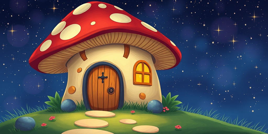 generate illustration of a mushroom house with a door and a window, a storybook , fantasy art, mushroom house, bg starry sky, sparkles