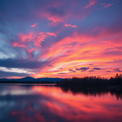 Create a high-resolution image of a tranquil sunset over a calm lake with vibrant colors in the sky, shot with a Canon EOS R5 at f/8, ISO 100, 1/125 sec, using a wide-angle lens at 16mm for a panoramic view.