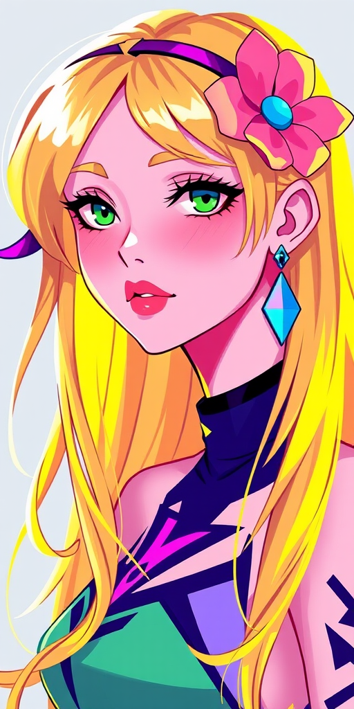 Create a vibrant digital illustration of a female character with long blonde hair and a flower accessory, featuring bright colors and angular designs, captured in a 50mm lens with an aperture of f/2.8 for shallow depth of field, in a soft lighting setup, using a high-resolution DSLR camera.