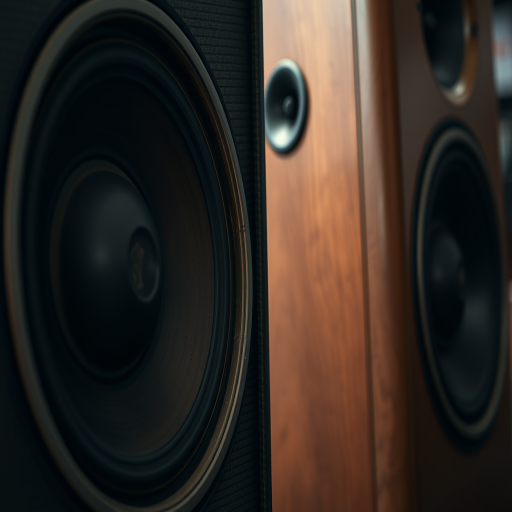 High-resolution image of vintage speakers, focusing on texture and details, shot with a Canon EOS 5D Mark IV, 50mm f/1.8 lens, Aperture f/4, ISO 100, shot in natural light from a straight-on angle to emphasize depth and contrast.