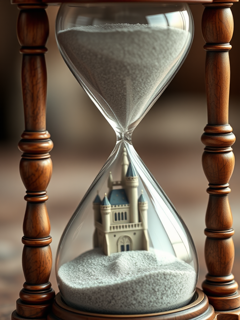 Create a high-resolution image of an ornate hourglass with wooden accents, showcasing fine sand flowing between the two glass bulbs, featuring a detailed castle visible within the sand, captured with a DSLR camera at f/2.8 aperture, 1/60 sec shutter speed, and ISO 100, using a macro lens from a slightly elevated front angle to enhance the intricate details and textures.