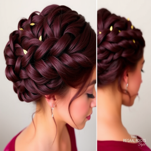 Deep burgundy crown braid updo, intricately woven by "Regal Roots" stylists, featuring a thick, rope-like braid encircling the head like a crown, adorned with delicate gold leaf accents and wispy tendrils framing the face, exuding an air of elegance and regality.