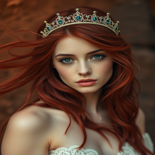 Portrait of a young woman with flowing red hair adorned with a crown, intricate details in the hair and facial features, warm earthy tones in the background, shot with a Canon EOS R5, 85mm f/1.2 lens, aperture f/1.4, ISO 100, natural light, with a focus on soft textures and vibrant color contrast.
