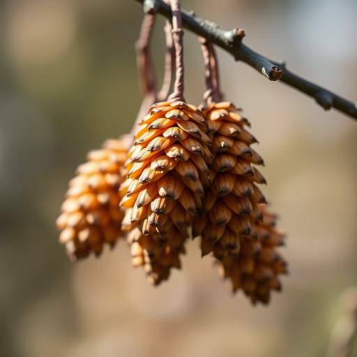 macro shot of hanging seed cones on a branch with soft blurred background, f/2.8 aperture, 1/100 sec shutter speed, ISO 200, natural light, DSLR camera, shallow depth of field, focus on the cones