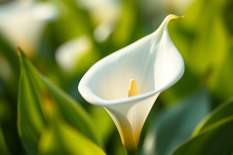 Close-up of a white calla lily emerging from green foliage, shallow depth of field, f/2.8 aperture, 100mm macro lens, natural lighting, shot with a DSLR camera to enhance detail and softness in the background.